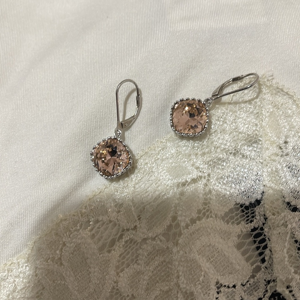 Sterling Silver & Pink Crystal Like Stone Leverback Earrings